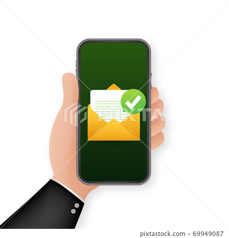 Opened envelope and document with green check mark. Verification email. Vector illustration. 69949087