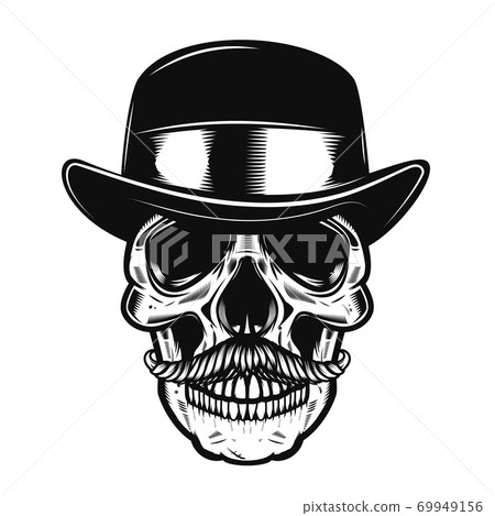 Illustration of human skull in vintage hat. Illustration of human skull in vintage hat. 69949156