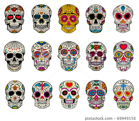 Set of sugar skulls illustrations. Dead day. Dia de los muertos. Set of sugar skulls illustrations. Dead day. Dia de los muertos. 69949158