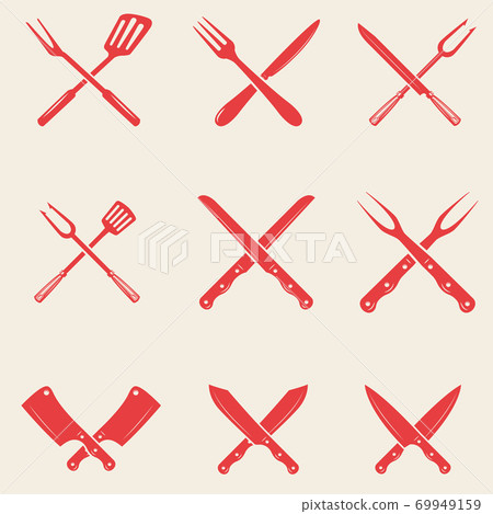 Set of restaurant knives icons. Crossed fork, kitchen spatula, butcher's ax. 69949159