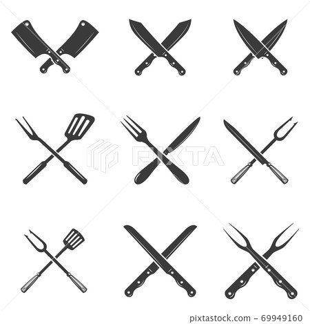 Set of restaurant knives icons. Silhouette - Cleaver and Chef Knives. 69949160