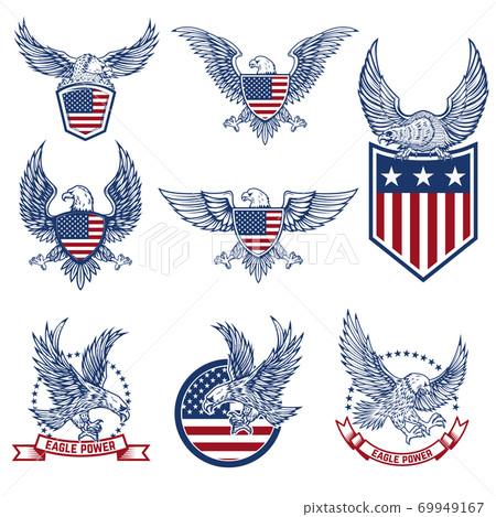 Set of emblems with eagles and american flags. Set of emblems with eagles and american flags. 69949167