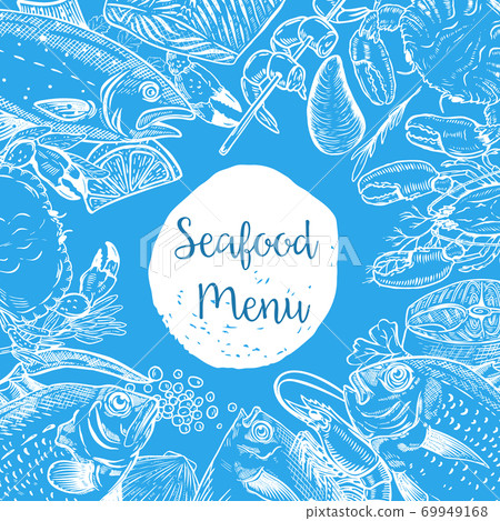 Seafood menu template. Fish, shrimps, oyster, lobster, crab. 69949168