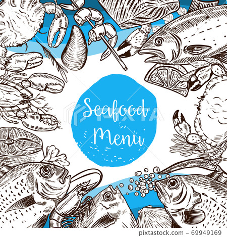 Seafood menu template. Fish, crabs, shrimp, lobster, caviar. 69949169