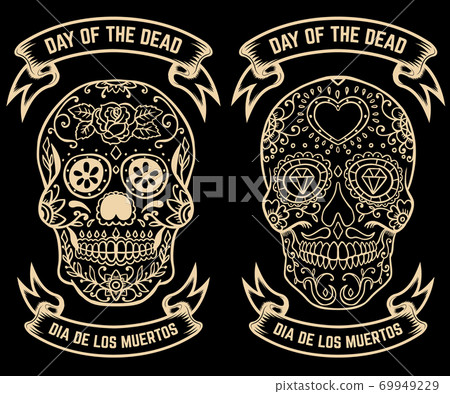 Day of the dead. Dia de los muertos. Set of the sugar skulls. Design elements for poster, greeting card, banner. Vector illustration Day of the dead. Dia de los muertos. Set of the sugar skulls. Design elements for poster, greeting card, banner. Vector illustration 69949229