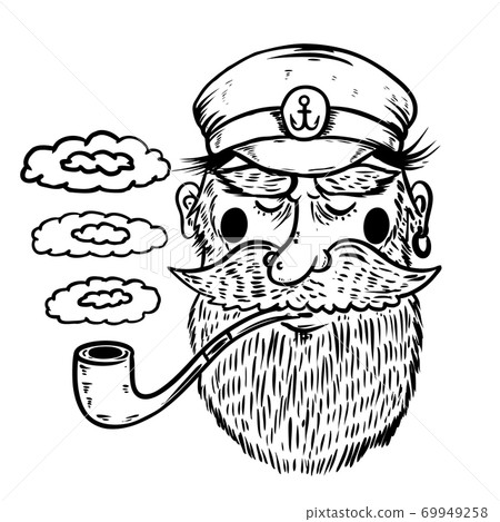 Hand drawn captain illustration. Sailor with smoking pipe. Hand drawn captain illustration. Sailor with smoking pipe. 69949258