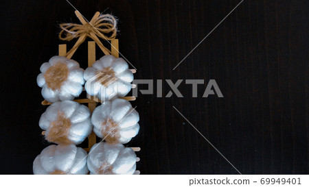 Fresh harvesting garlic tied in bunches. Dried decorative garlic on the dark background Fresh harvesting garlic tied in bunches. Dried decorative garlic on the dark background 69949401