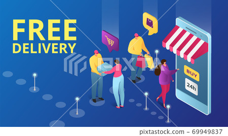 Free delivery transportation, free shipping service vector illustration. People getting boxes, packages from courier near post. Free delivery transportation, free shipping service vector illustration. People getting boxes, packages from courier near post. 69949837