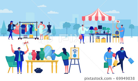 Flea market filled with people out shopping vector illustration. Retro and vintage fashion clothing sale. Garage sale. Street stalls. 69949838
