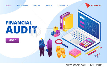 Financial audit landing web page vector illustration. Magnifying glass, analysis of financial report. Finances and auditors concept. 69949840