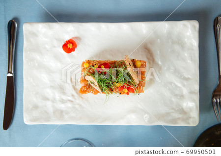 Top view on salmon tartare on avocado pillow Top view on salmon tartare on avocado pillow 69950501