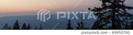 Panoramic view of colorful sunset over the mountain with pine trees 69950700