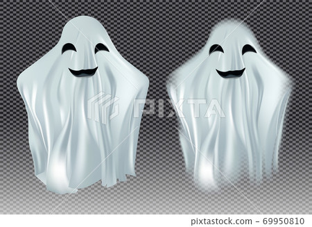 White transparent ghost vector illustration. Ghosts isolated on dark background. The concept of halloween, monster, spirit, poltergeist that floats in air. Creatures from another world, the afterlife. White transparent ghost vector illustration. Ghosts isolated on dark background. The concept of halloween, monster, spirit, poltergeist that floats in air. Creatures from another world, the afterlife. 69950810