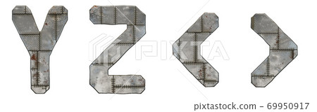 Set of capital letters Y, Z and symbol left and right angle bracket made of industrial metal isolated on white background. 3d 69950917