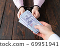 men's hands give money to women's hands in handcuffs against the background of a wooden table 69951941