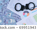 top view handcuffs against the background of charts and hundred-dollar bills 69951943