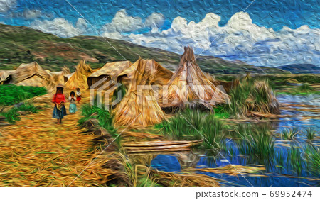 People at the Uros village in the Lake Titicaca People at the Uros village in the Lake Titicaca 69952474