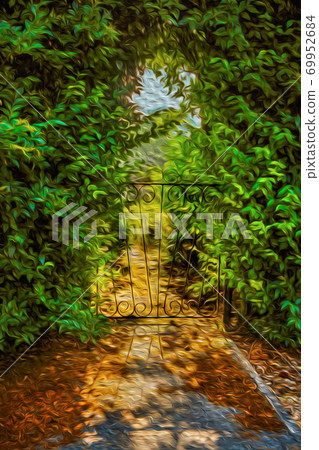 Iron gate surrounded by shrubs in summer 69952684