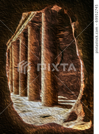 Hole in the rock framing a colonnade in Petra 69952745