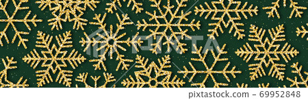 Glittered snowflakes on green background wide horizontal banner. Happy New Year and Merry Christmas greetings concept. Vector illustration of gold sparkle snow. Glittered snowflakes on green background wide horizontal banner. Happy New Year and Merry Christmas greetings concept. Vector illustration of gold sparkle snow. 69952848