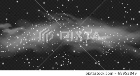 Realistic snowfall cloud effect. White snow cloud with blizzard on transparent dark background. Smog, mist, cold fog or winter cloud vector illustration for weather forecast or photo decoration. Realistic snowfall cloud effect. White snow cloud with blizzard on transparent dark background. Smog, mist, cold fog or winter cloud vector illustration for weather forecast or photo decoration. 69952849