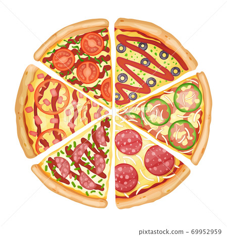 Color pizza top view. Savoury pizza ads with 3d illustration rich toppings dough. Colorful and tasty vector banner for cafe, restaurant or food delivery service Color pizza top view. Savoury pizza ads with 3d illustration rich toppings dough. Colorful and tasty vector banner for cafe, restaurant or food delivery service 69952959