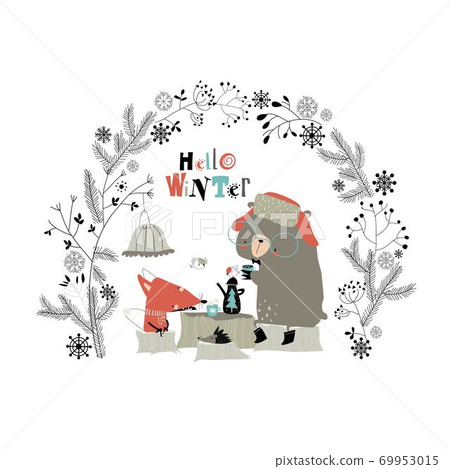 Cute fox with bear drinking tea in the winter forest 69953015