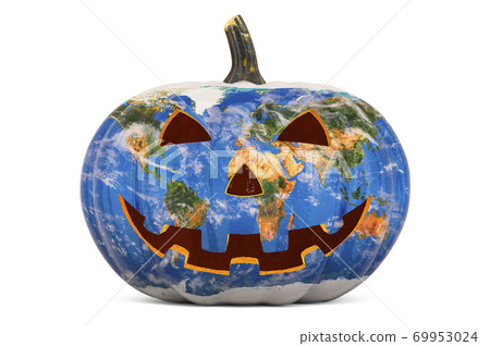 Halloween pumpkin with Earth map texture. 3D rendering Halloween pumpkin with Earth map texture. 3D rendering 69953024