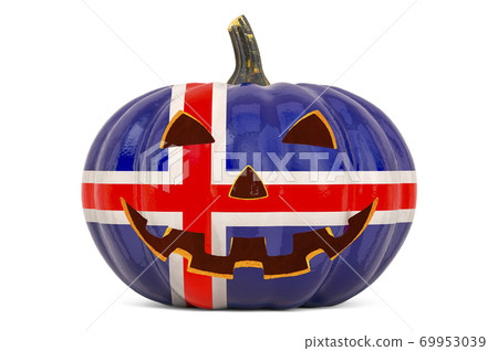 Halloween in Iceland concept. Evil carved pumpkin with Icelandic flag, 3D rendering Halloween in Iceland concept. Evil carved pumpkin with Icelandic flag, 3D rendering 69953039