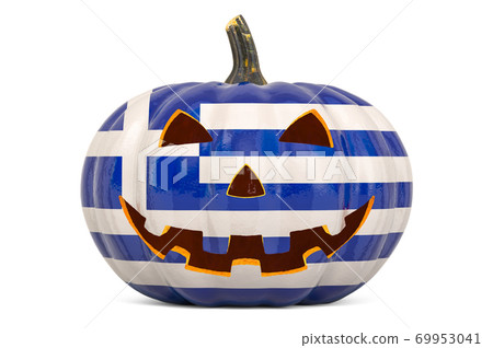 Halloween in Greece concept. Evil carved pumpkin with Greek flag, 3D rendering Halloween in Greece concept. Evil carved pumpkin with Greek flag, 3D rendering 69953041