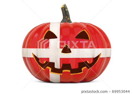 Halloween in Denmark concept. Evil carved pumpkin with Danish flag, 3D rendering Halloween in Denmark concept. Evil carved pumpkin with Danish flag, 3D rendering 69953044