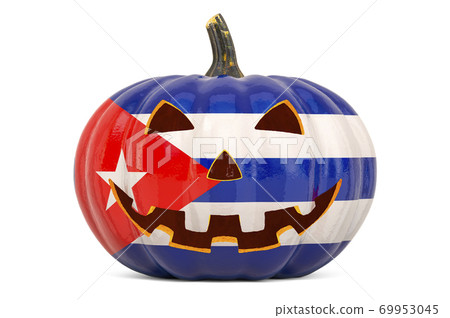 Halloween in Cuba concept. Evil carved pumpkin with Cuban flag, 3D rendering Halloween in Cuba concept. Evil carved pumpkin with Cuban flag, 3D rendering 69953045