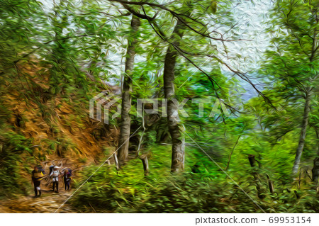 Hikers on dirt trail walking through forest Hikers on dirt trail walking through forest 69953154