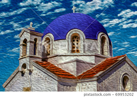 Small orthodox church with blue dome in Greece 69953202
