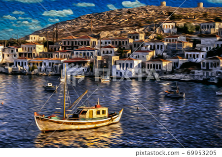 Fishing boat and village in a Greek island Fishing boat and village in a Greek island 69953205