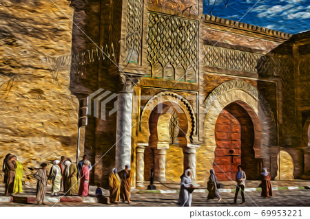 People in the Bab el-Mansour gate in Meknes People in the Bab el-Mansour gate in Meknes 69953221