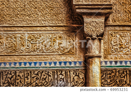 Column and wall decorated with arabesques in Fez 69953231