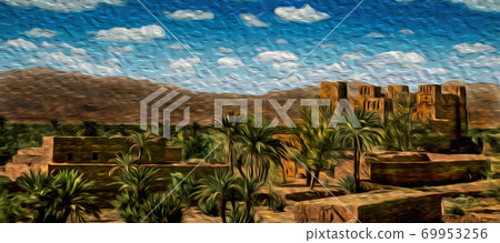 Old Kasbah in ruins and palm trees near Ouarzazate 69953256