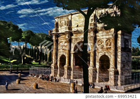 Arch of Constantine beside trees in Rome Arch of Constantine beside trees in Rome 69953421