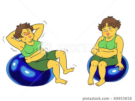 Two sets of chubby women playing balance balls Two sets of chubby women playing balance balls 69953658