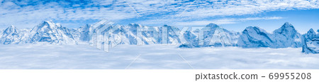 Stunning Panoramic view Snow moutain of the Swiss Skyline from Piz Gloria Schilthorn, Switzerland 69955208