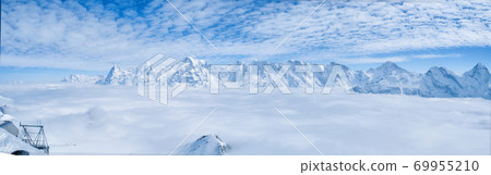 Stunning Panoramic view Snow moutain of the Swiss Skyline from Piz Gloria Schilthorn, Switzerland 69955210
