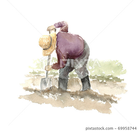 耕地的人水彩畫 69958744