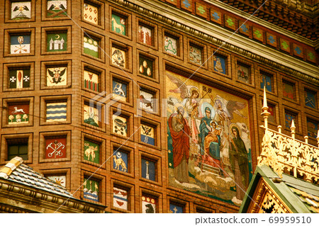 Emblems of various parts of Russia painted in mosaic on the outer wall of St. Petersburg "Church of the Savior on the Blood" Emblems of various parts of Russia painted in mosaic on the outer wall of St. Petersburg "Church of the Savior on the Blood" 69959510
