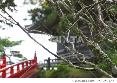 Red bridge over the small island, Miyagi Prefecture, leading to Godaido Red bridge over the small island, Miyagi Prefecture, leading to Godaido 69960522