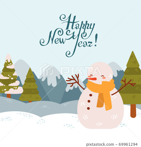 Happy new year postcard with winter landscape with cute snowman Happy new year postcard with winter landscape with cute snowman 69961294