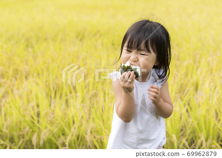 一個孩子在秋天的稻田裡用米耳吃美味的新米飯 69962879