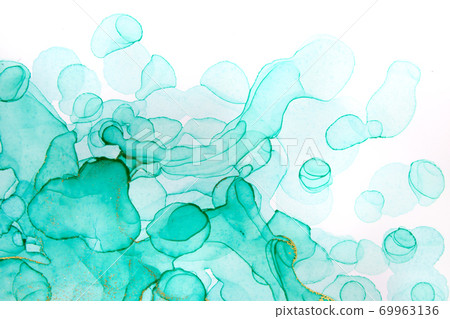 Transparent green and gold watercolor drops on white background. Bubbles imitation. Transparent green and gold watercolor drops on white background. Bubbles imitation. 69963136