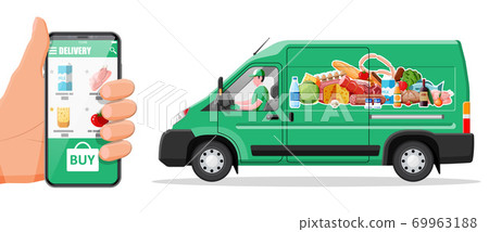 Delivery van full of food and smartphone. Delivery van full of food and smartphone. 69963188
