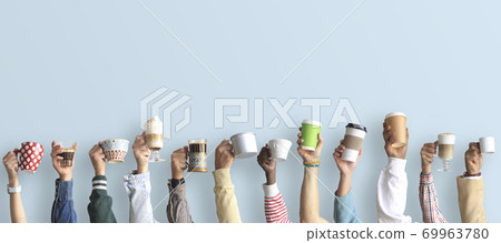 People are holding mugs and paper cups of coffee. Concept on the theme of cafes and coffee. People are holding mugs and paper cups of coffee. Concept on the theme of cafes and coffee. 69963780